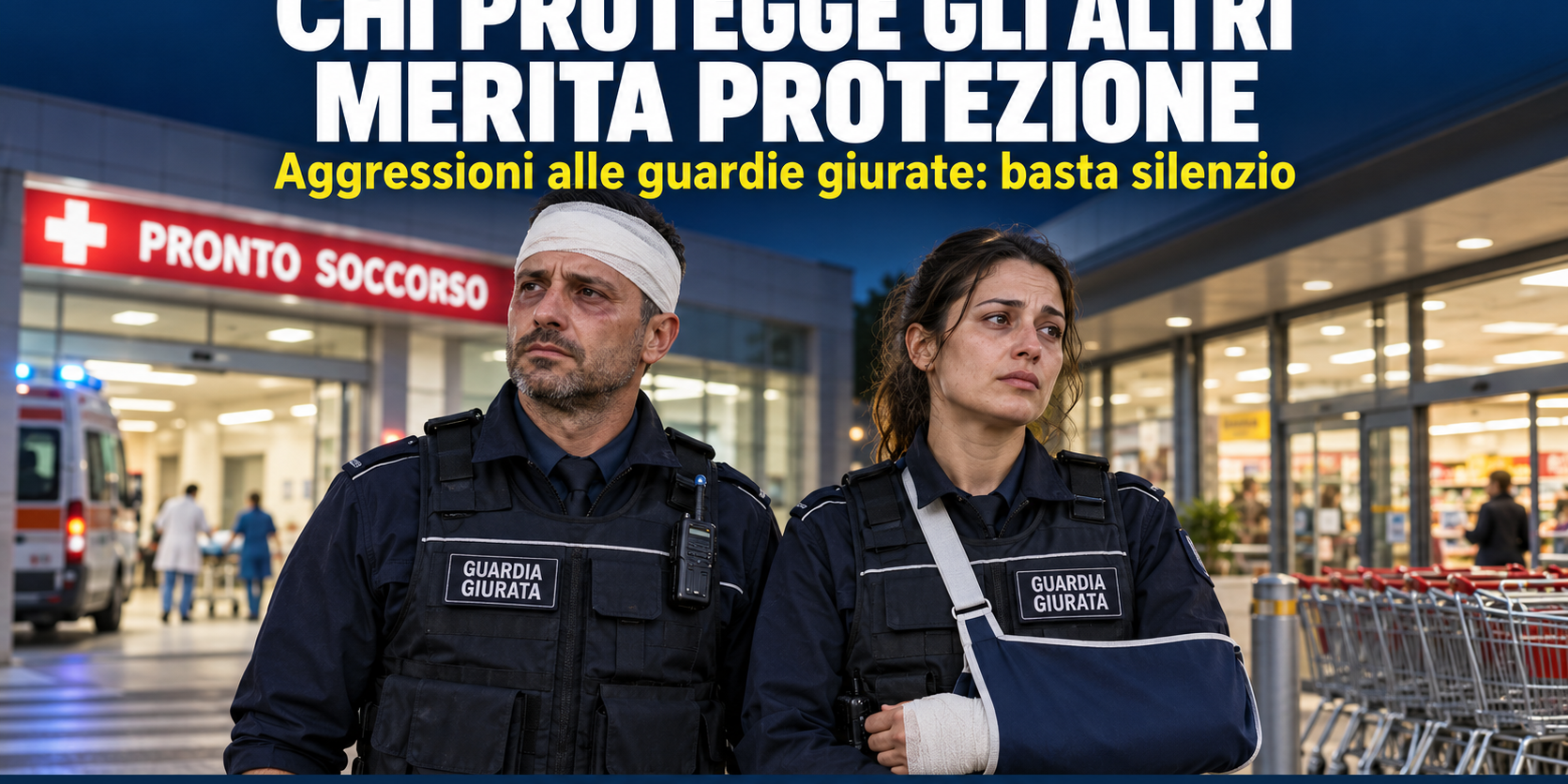 1B995845-B5AC-4426-9056-EFCB44D217FC Immagine illustrativa: due guardie giurate con fasciature davanti a un pronto soccorso e a un supermercato.