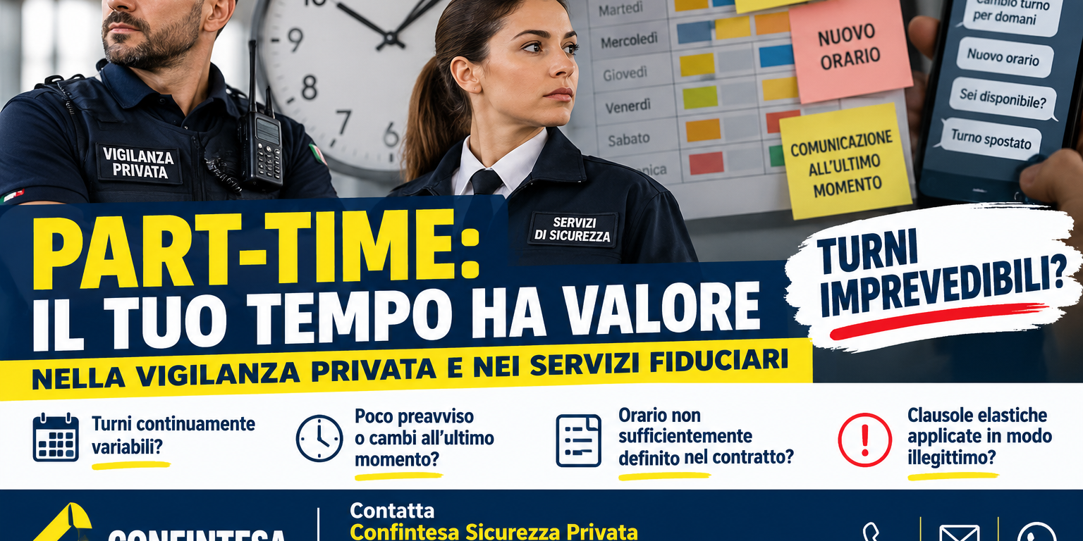 Part-time nella vigilanza privata: il tuo tempo ha valore Part-time nella vigilanza privata e nei servizi fiduciari: turni imprevedibili e tutela del tempo del lavoratore