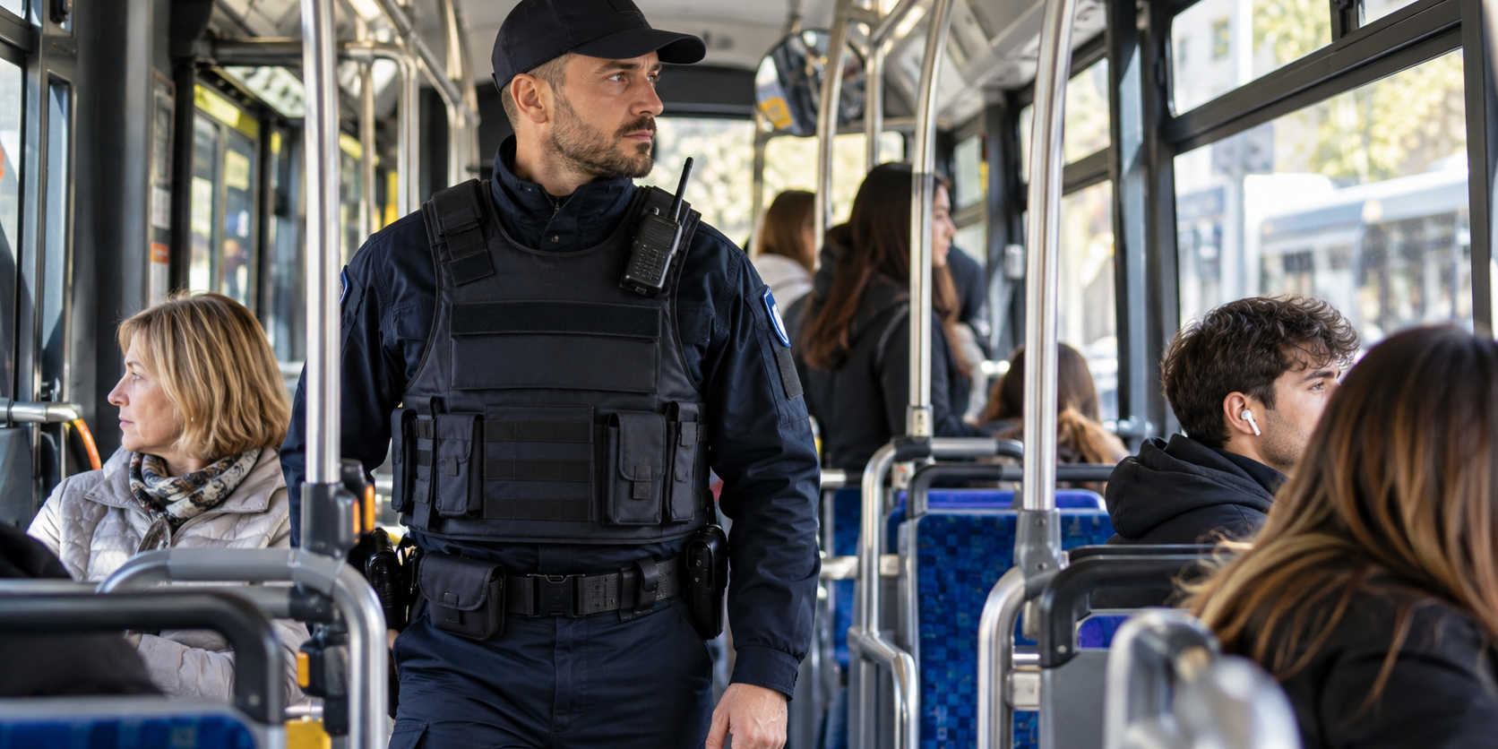 Guardia giurata sui mezzi pubblici Guardia giurata in servizio a bordo di un autobus urbano
