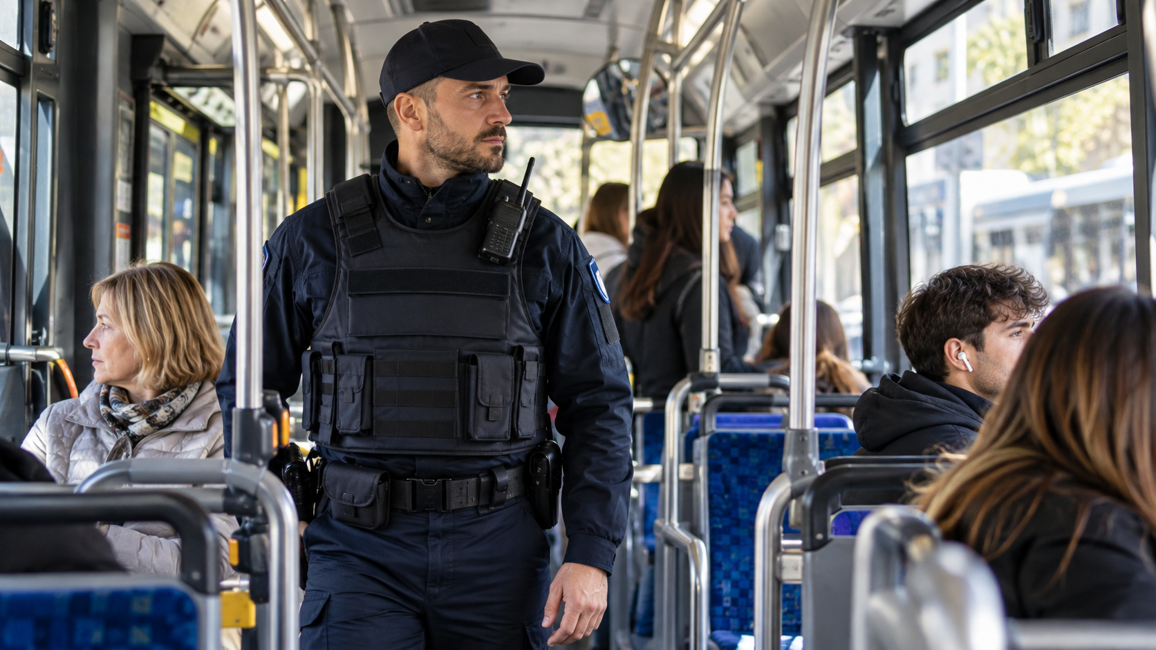 Guardia giurata in servizio a bordo di un autobus urbano