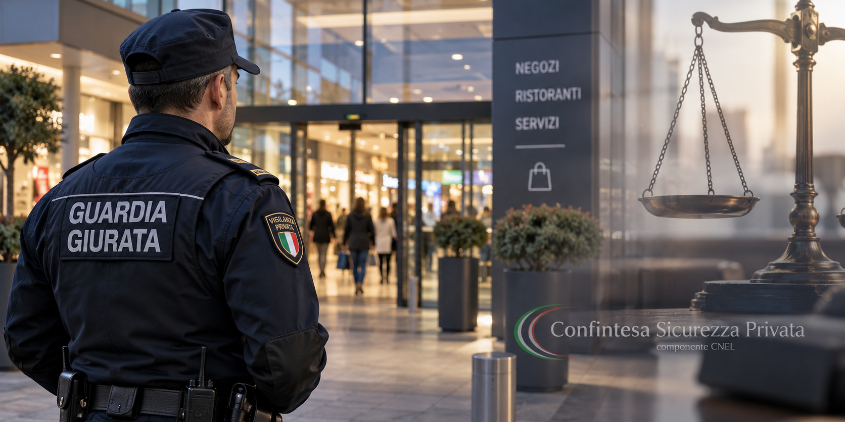 Guardia privata licenziata – proporzionalità della sanzione Guardia giurata davanti a un centro commerciale con simbolo della giustizia