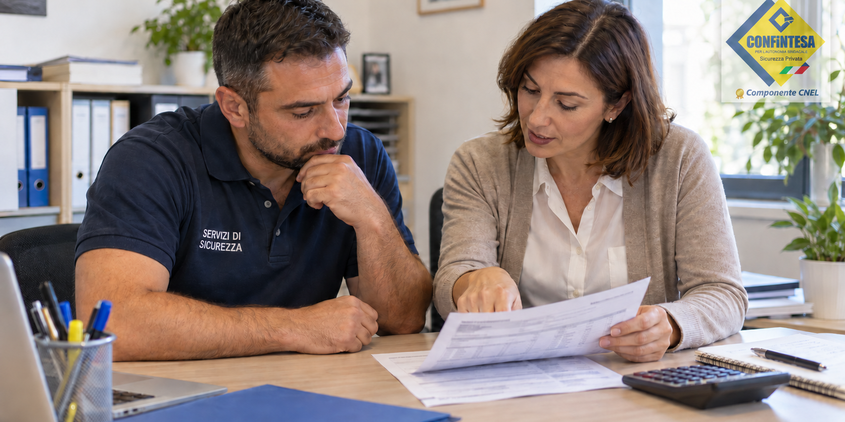 Servizi fiduciari: verifica della giusta retribuzione Addetto ai servizi di sicurezza durante la verifica di una busta paga, con logo Confintesa Sicurezza Privata. Immagine illustrativa generata con IA.