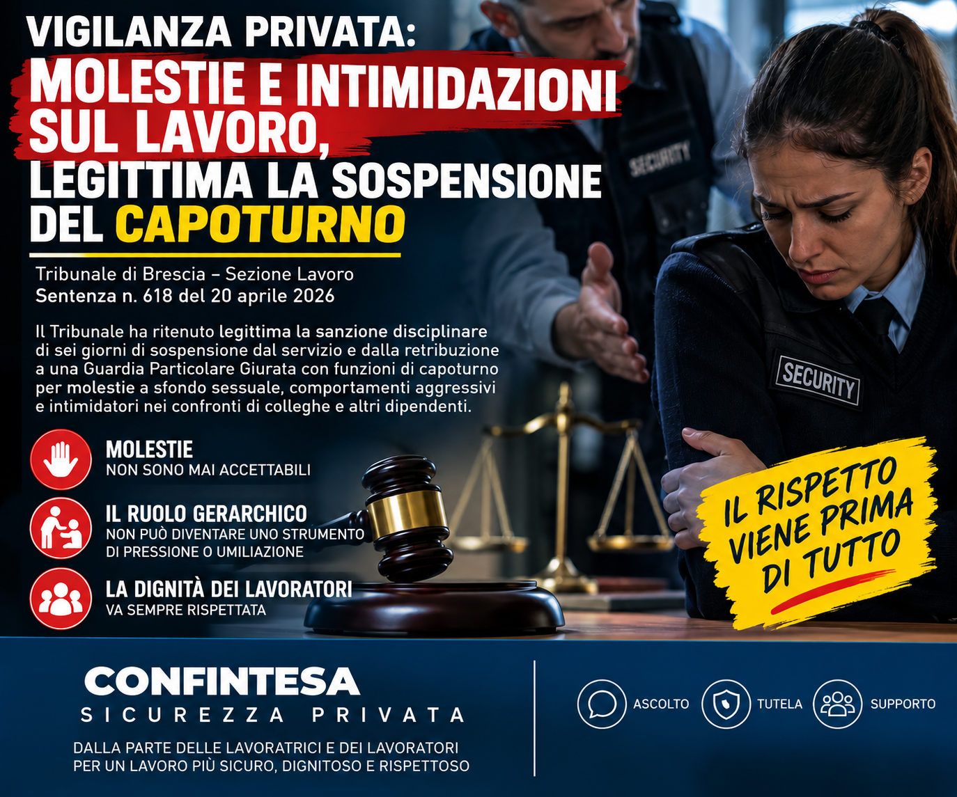 Vigilanza privata, molestie e intimidazioni sul lavoro - Confintesa Sicurezza Privata